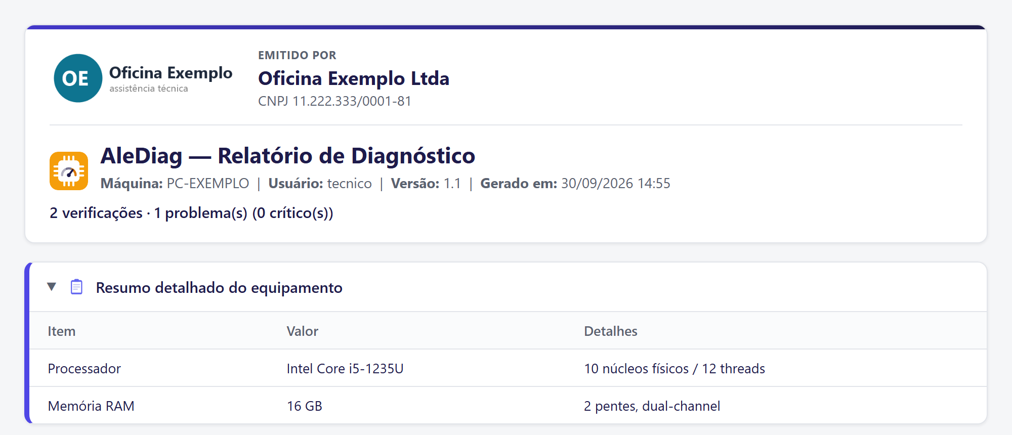 Topo de um laudo do AleDiag com logo, nome e CNPJ de uma oficina de exemplo