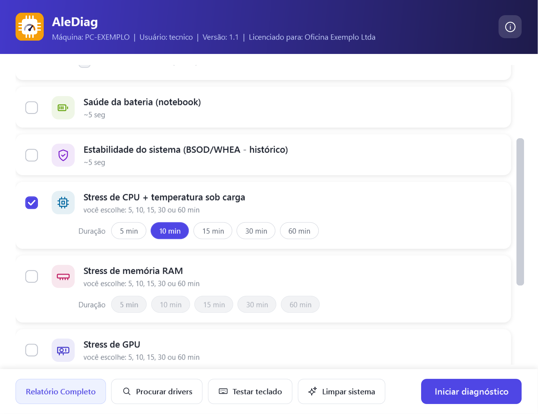 Escolha de duração dos testes de stress